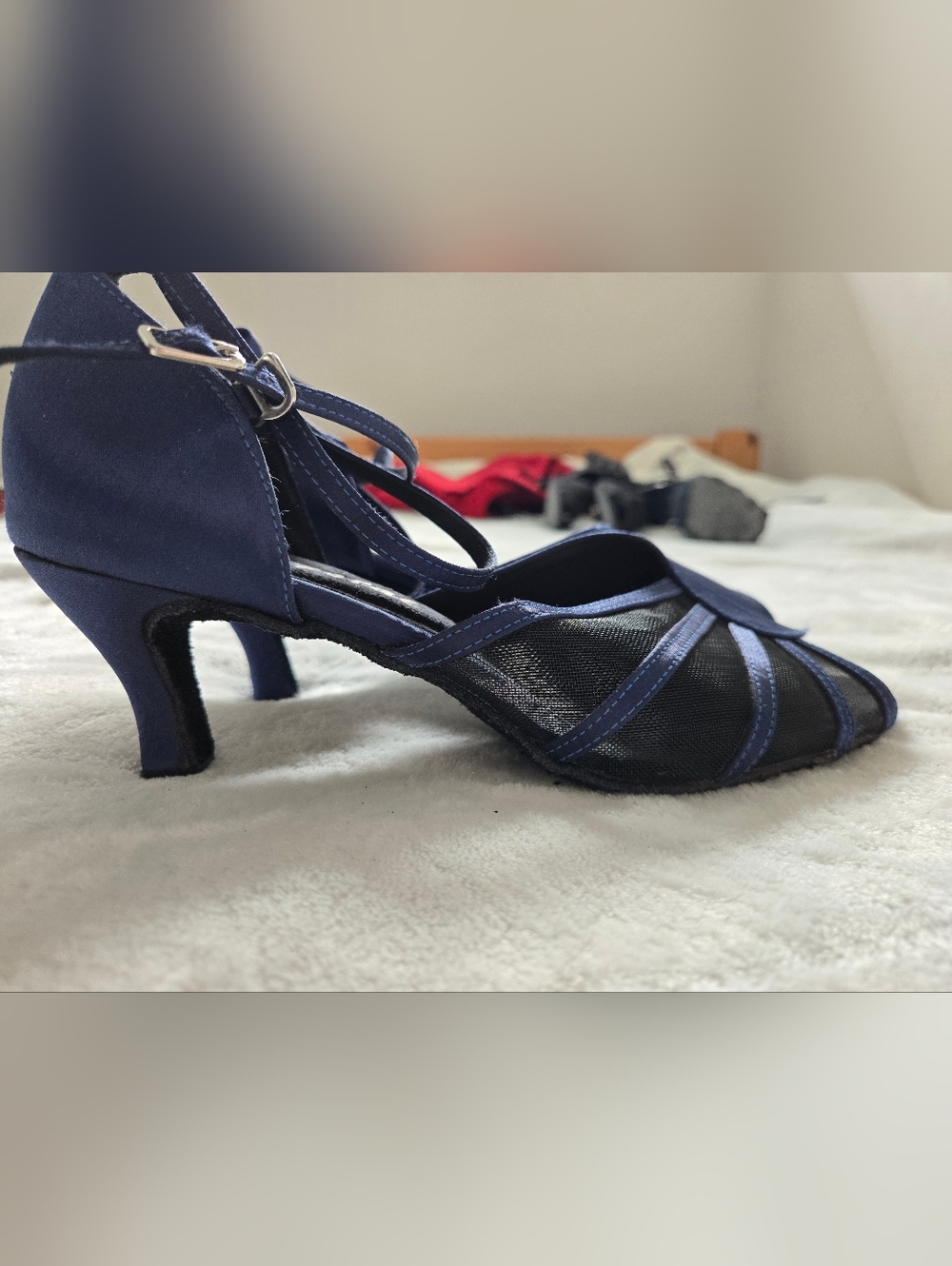 Navy Strappy Mesh Dance Heels with Ankle Buckle
